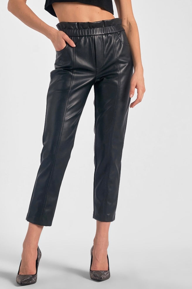 Elastic Ruffle Leather Pants