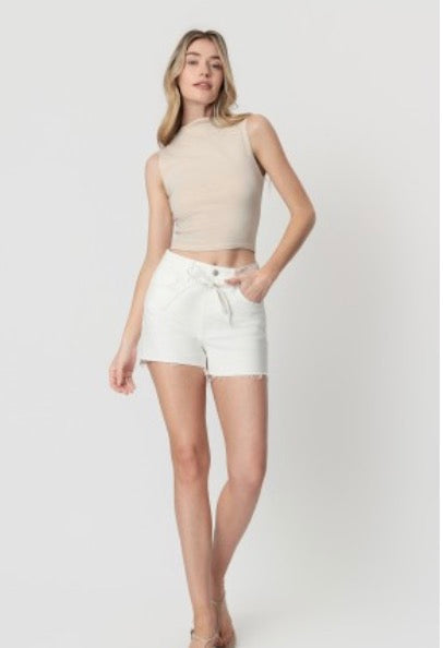 Drawstring White Denim Shorts