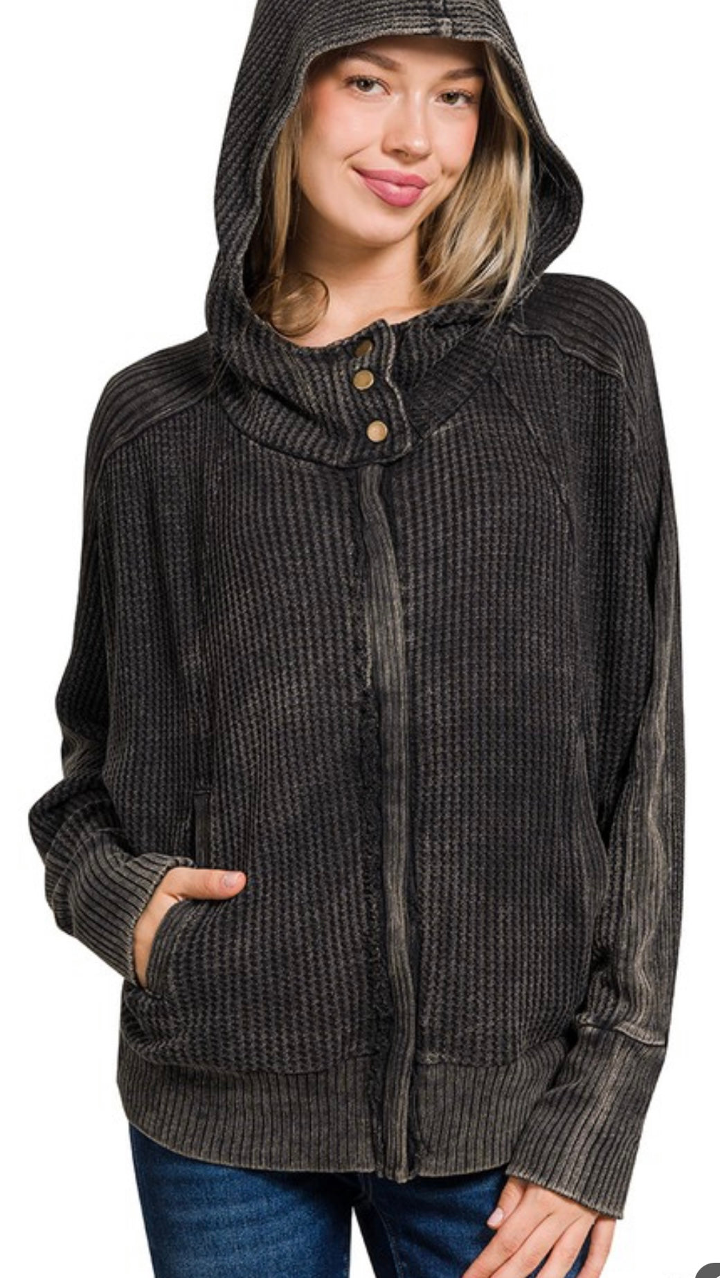 Acid Wash Waffle Knit Hoodie