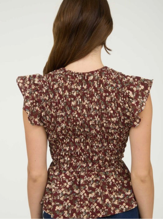 Floral Smocked Ruffle Sleeve Top