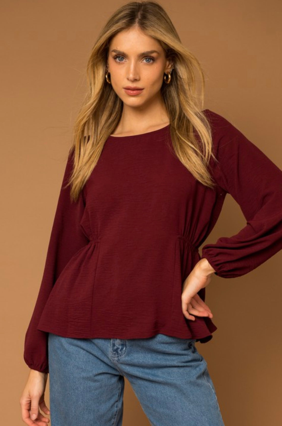 Long sleeve shirring side top
