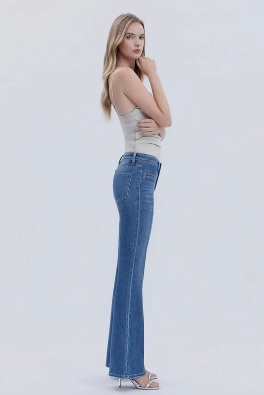 Mid Rise Pin Tuck Flare Jeans