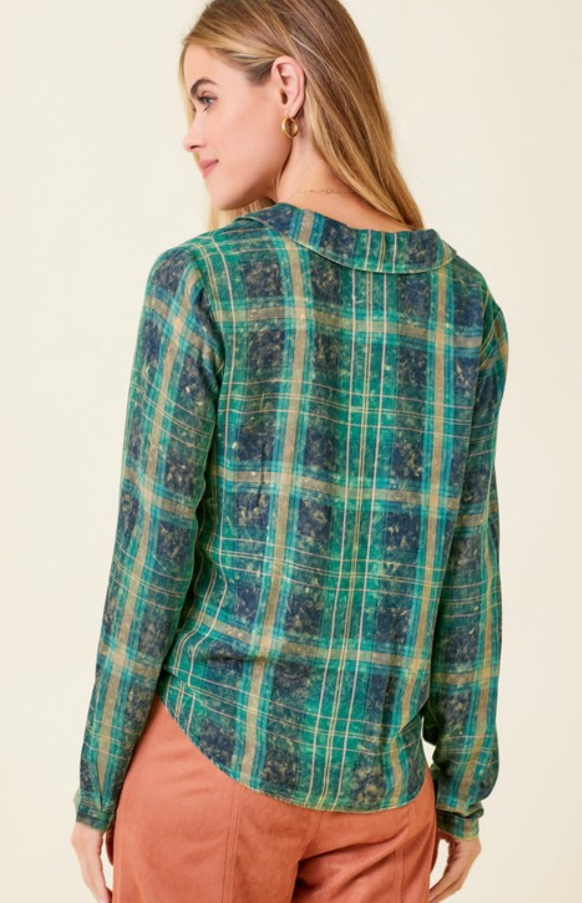 Washed Plaid Top with Tie