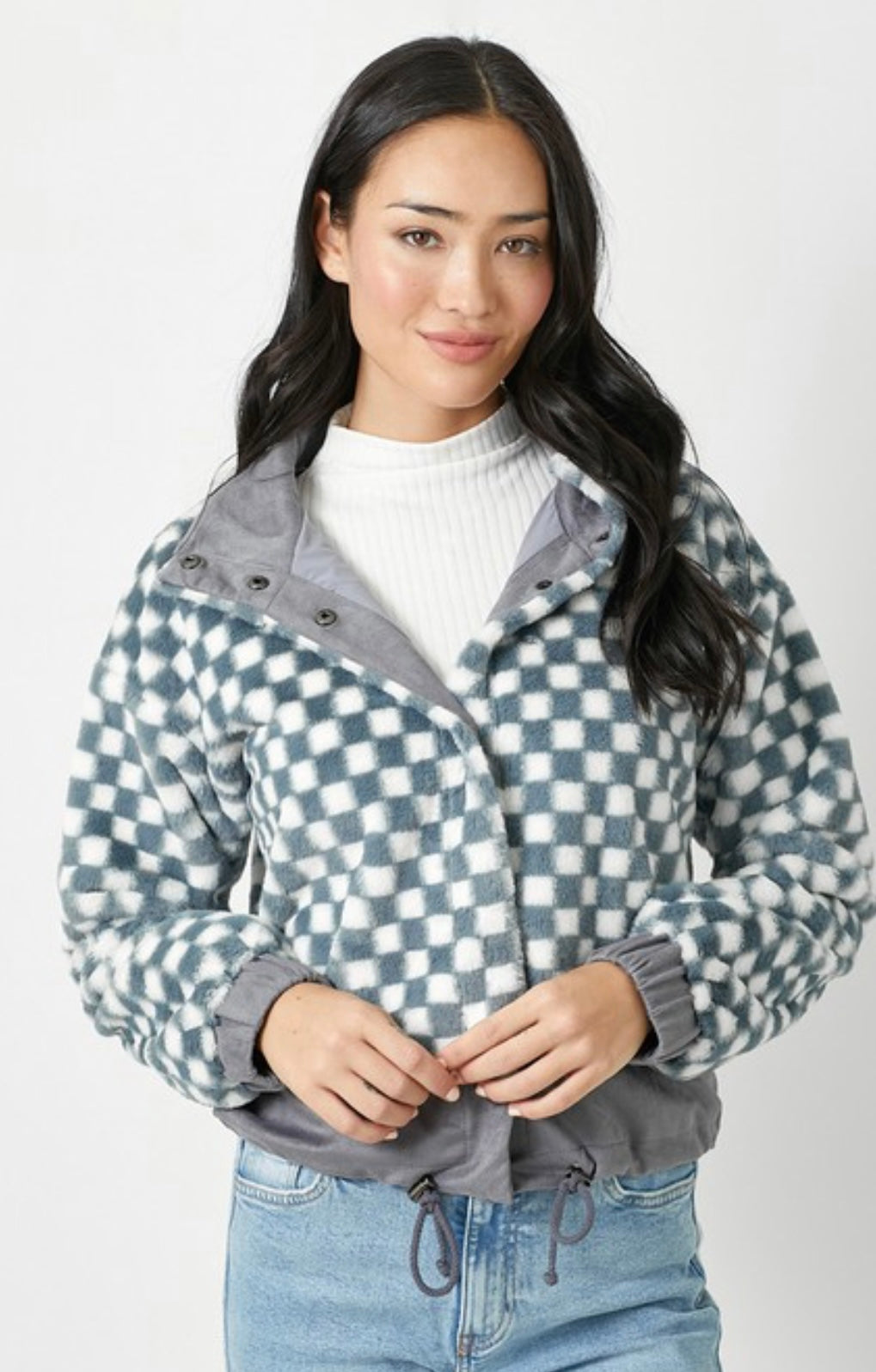 Checkered Faux Fur Jacket