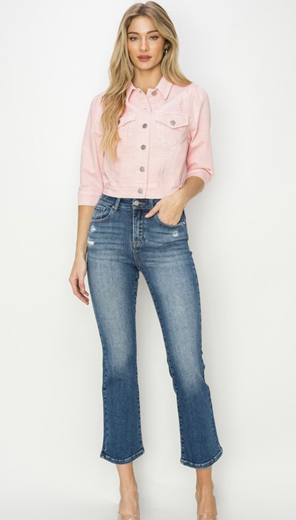 Pink Shirring Crop Jean Jacket