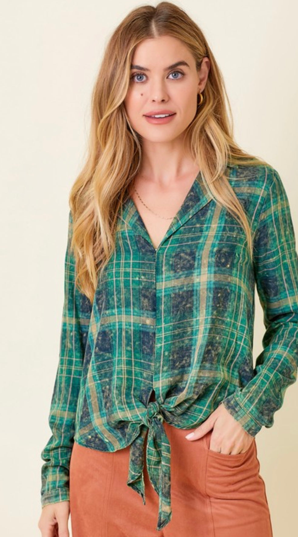 Washed Plaid Top with Tie