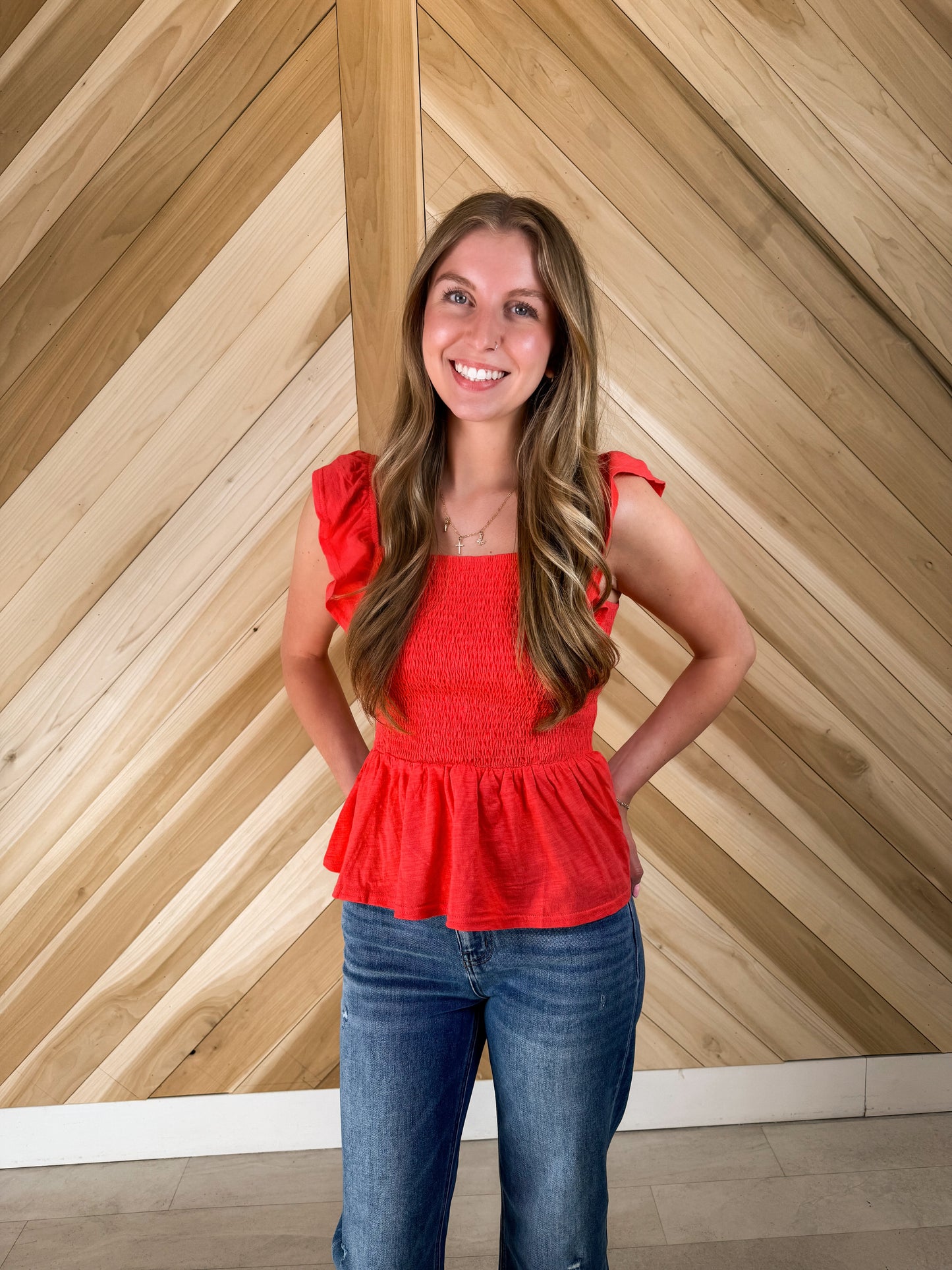 Coral Ruffle Sleeve Top