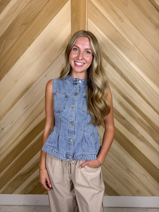 Light Wash Button Up Denim Vest