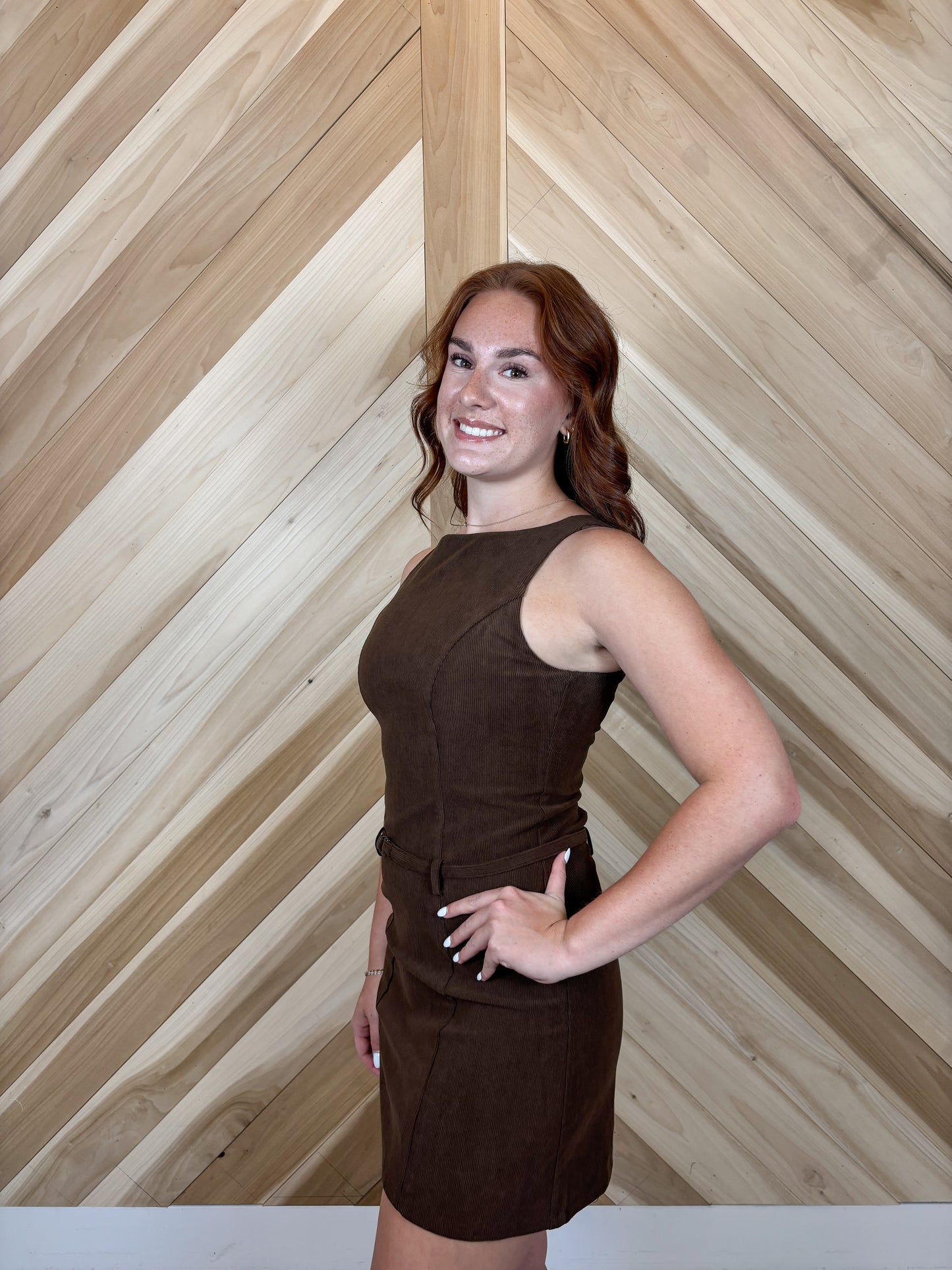 Suede Round Neck Belted Mini Dress