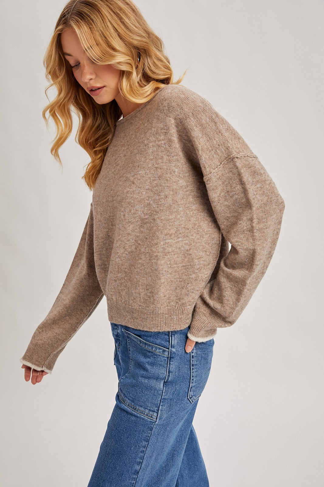 Boat Neck Rolled Trim Knit Sweater