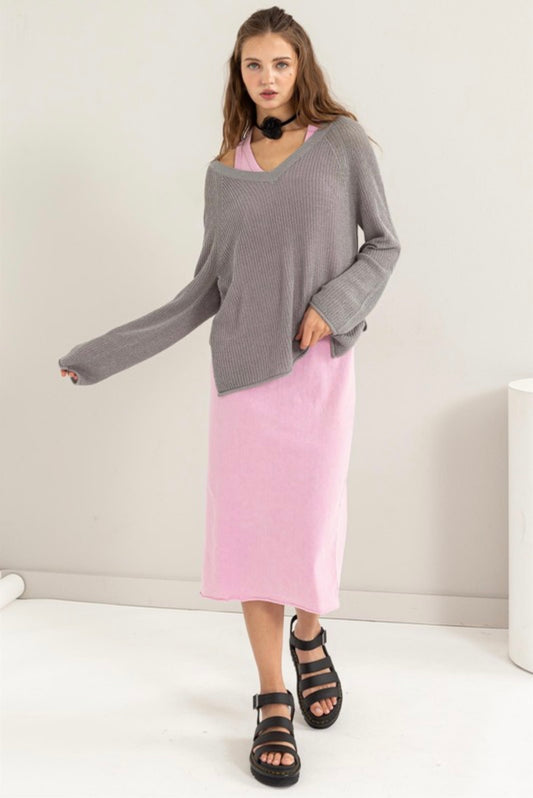 Open Knit Side Slit V-neck Sweater