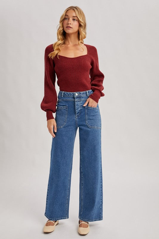 Sweetheart Neck Bishop Sleeves Sweater