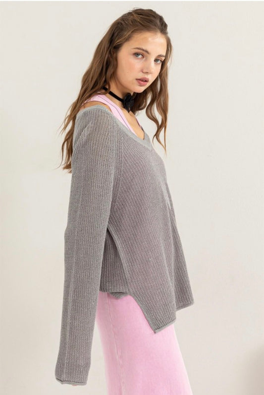 Open Knit Side Slit V-neck Sweater