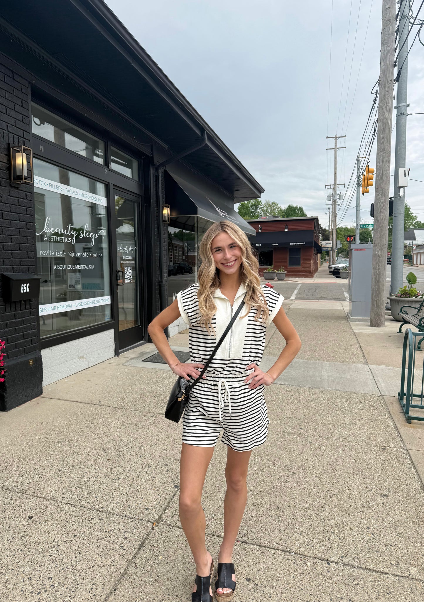 Stripe Zip-front Drawstring Knit Romper