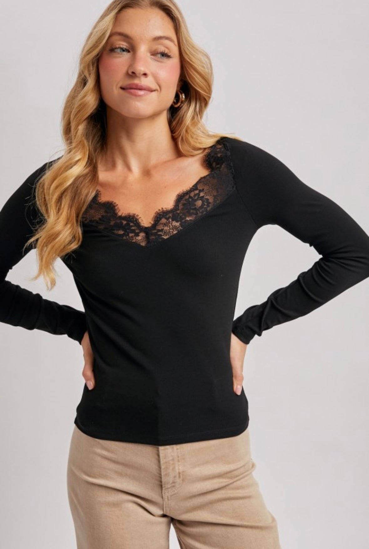 V-Neck Lace Trim Knit Top