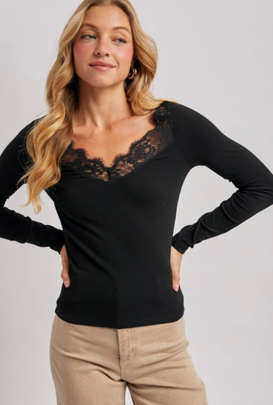 V-Neck Lace Trim Knit Top