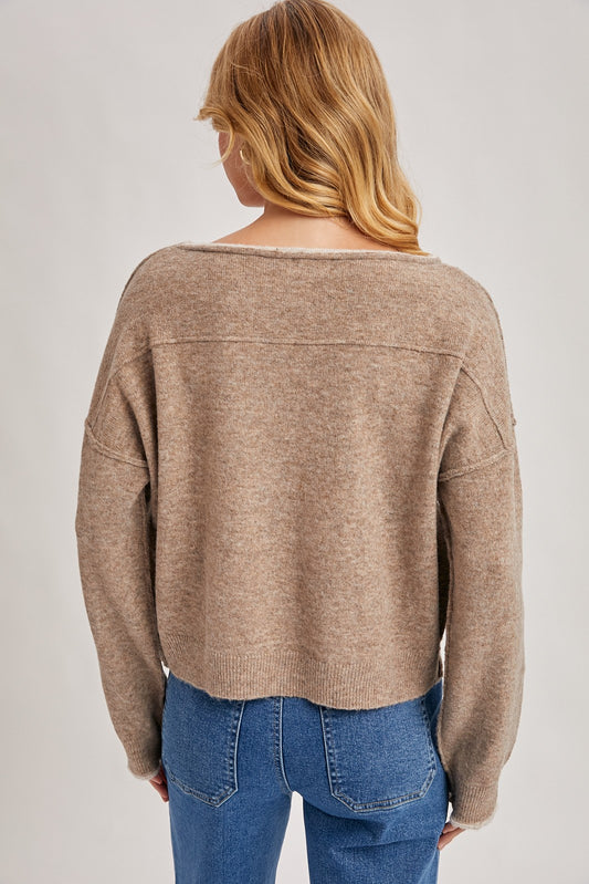 Boat Neck Rolled Trim Knit Sweater