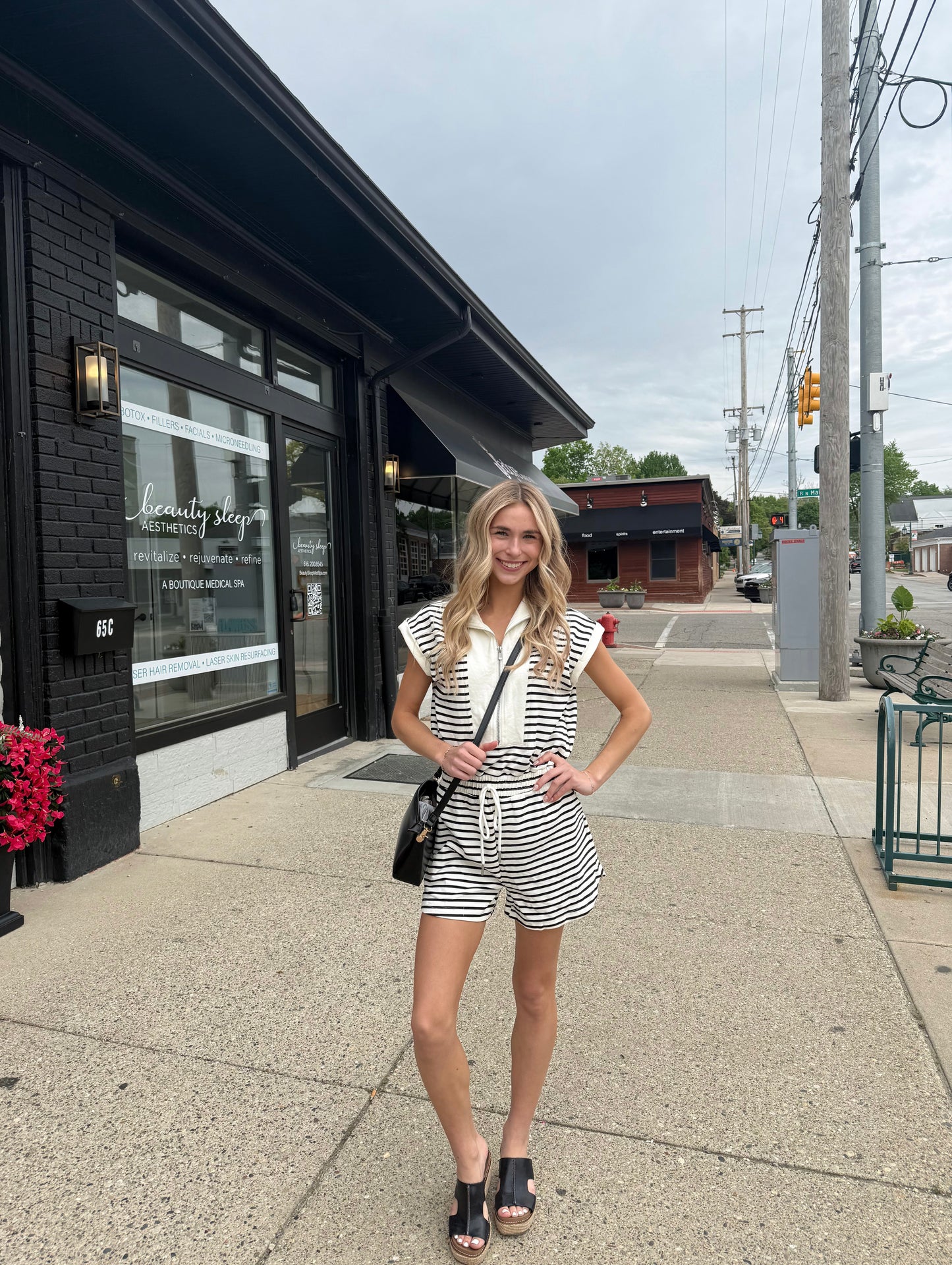 Stripe Zip-front Drawstring Knit Romper