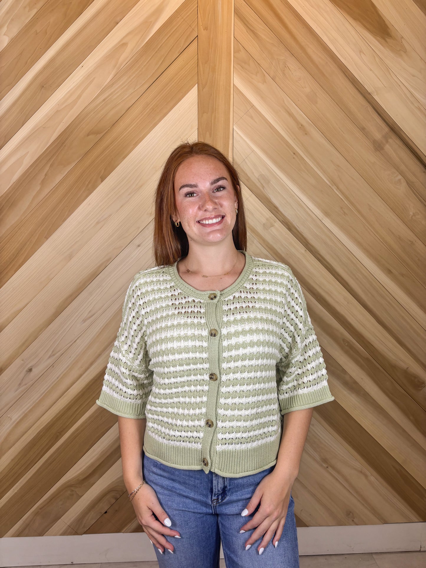 Stripe Short Sleeve Knit Cardigan