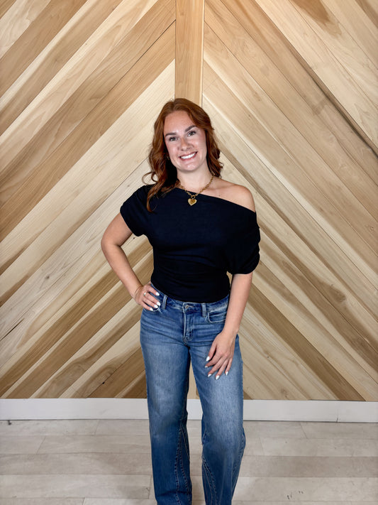Black One Shoulder Ruched Top