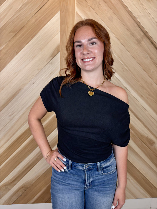 Black One Shoulder Ruched Top