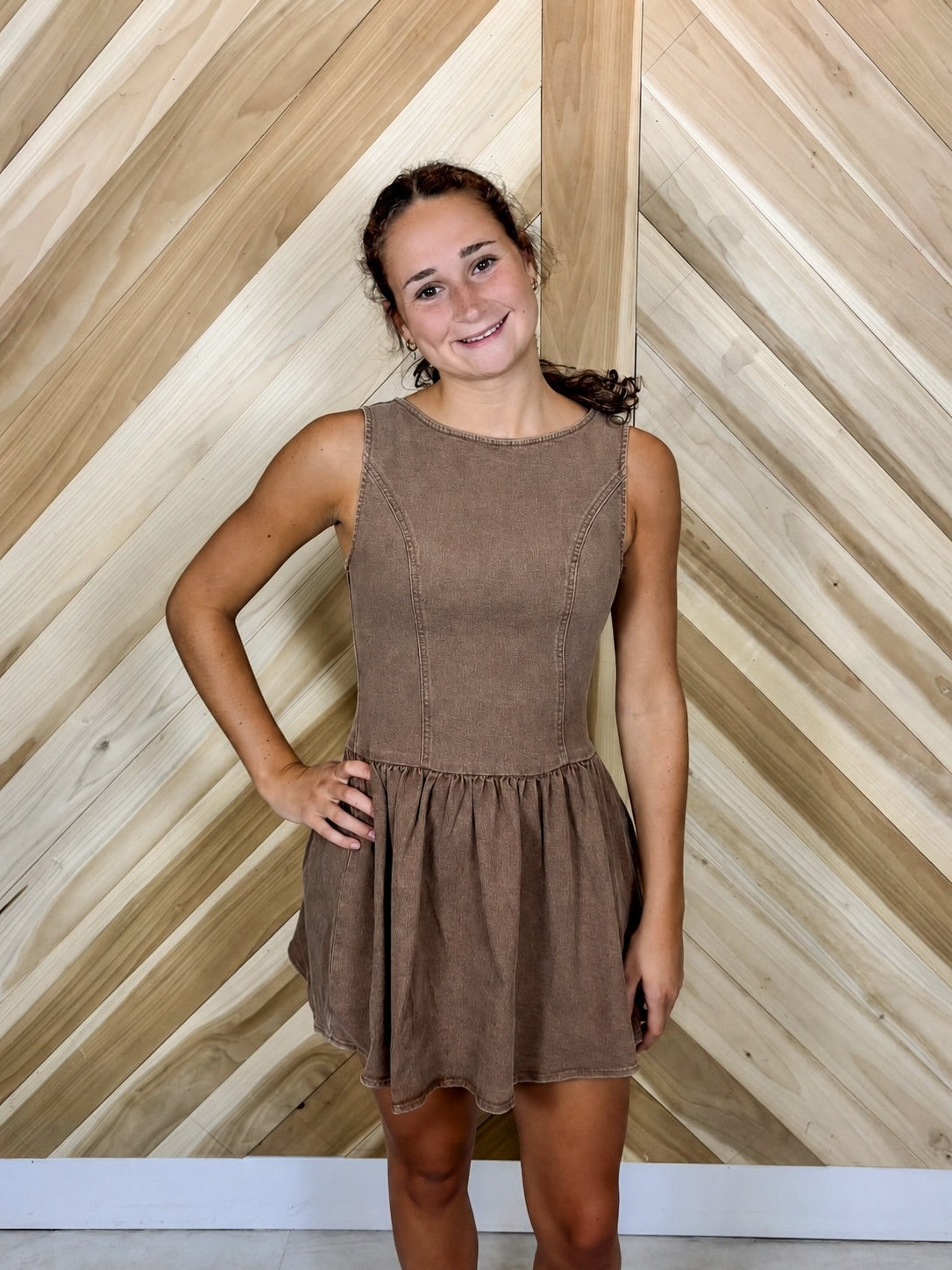 Brown Round Neck Fit & Flare Mini Dress