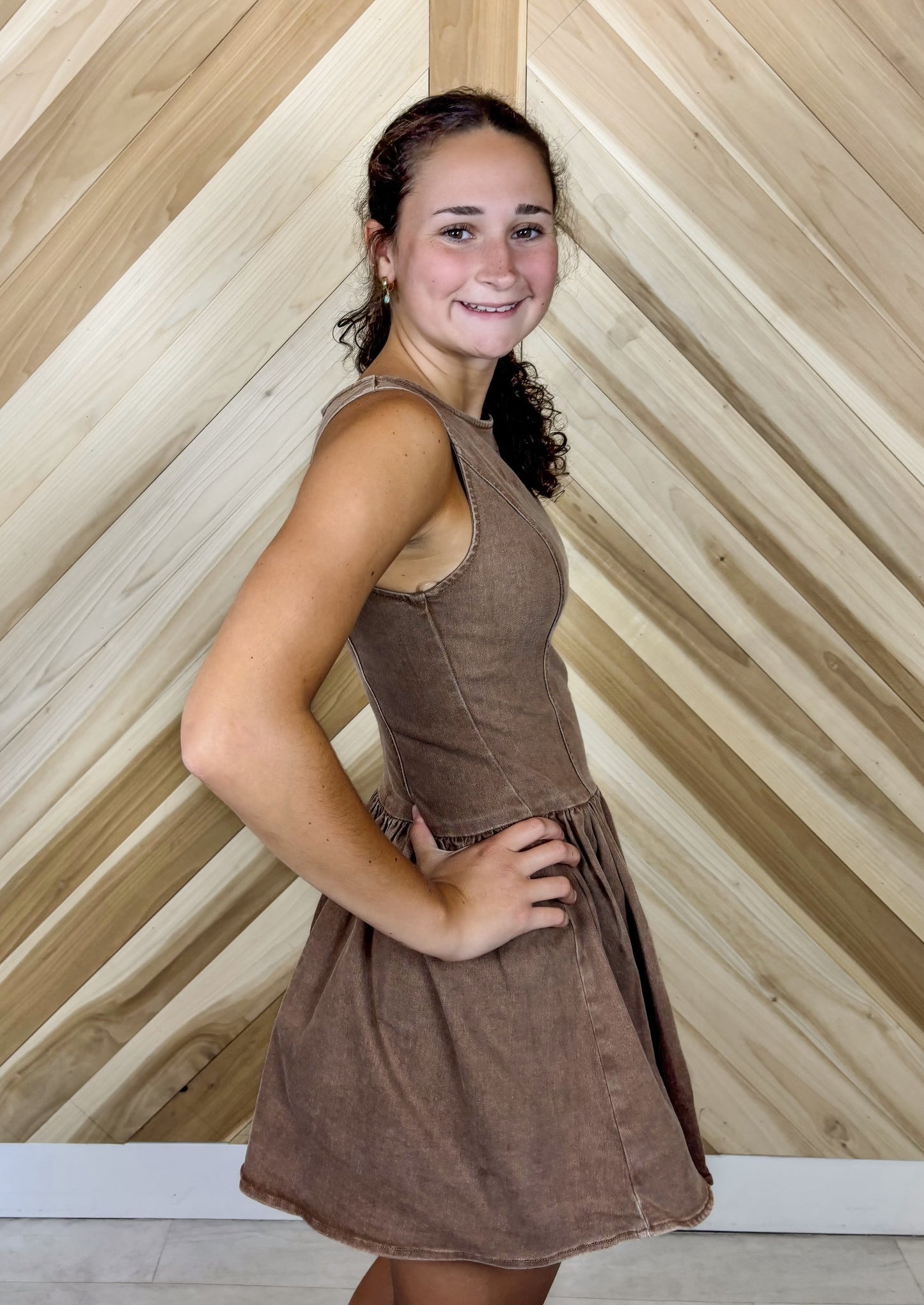 Brown Round Neck Fit & Flare Mini Dress