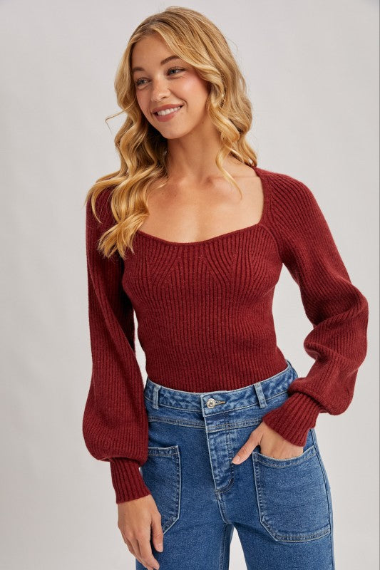 Sweetheart Neck Bishop Sleeves Sweater