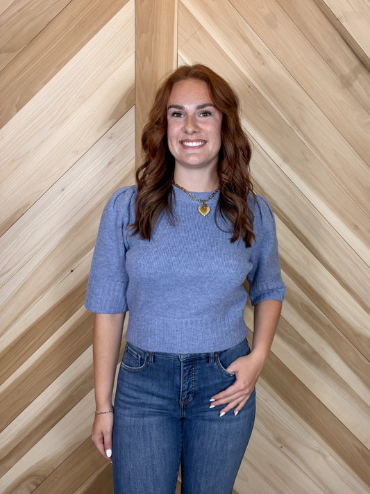 Dusty Blue Puff Shoulder Sweater