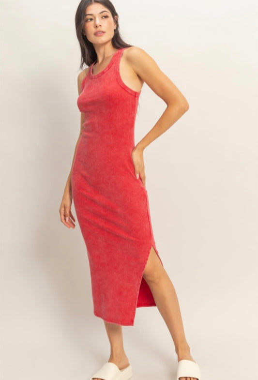 Red Acid Wash Ribbed Tank Dress