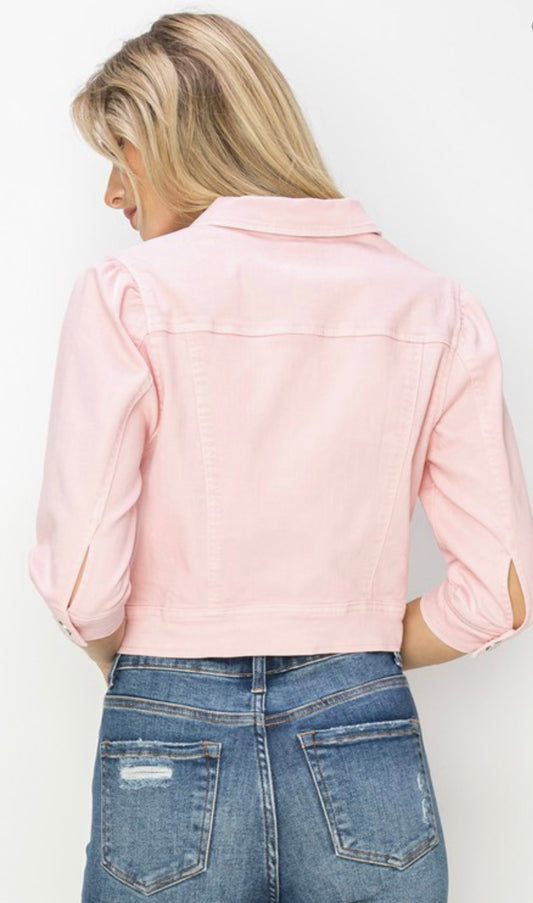Pink Shirring Crop Jean Jacket