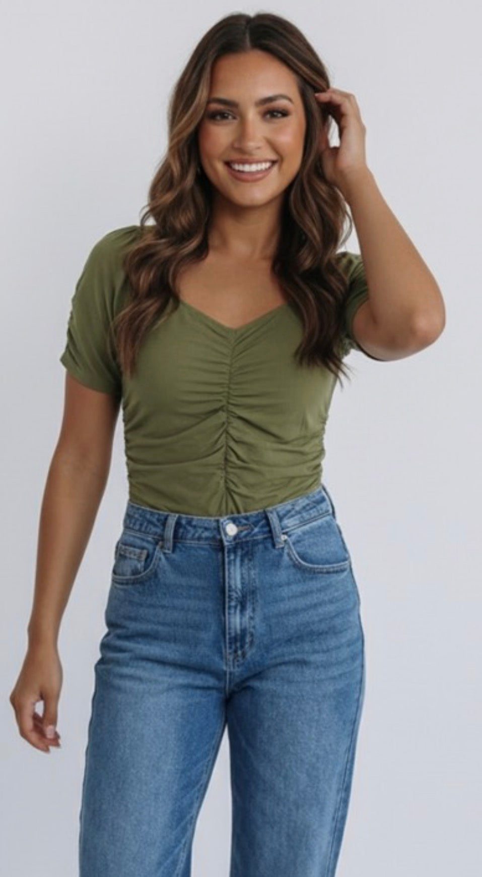 Olive Sweetheart Ruched Bodysuit