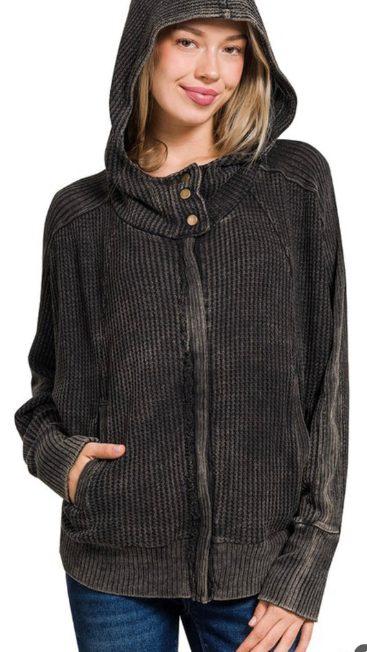 Acid Wash Waffle Knit Hoodie