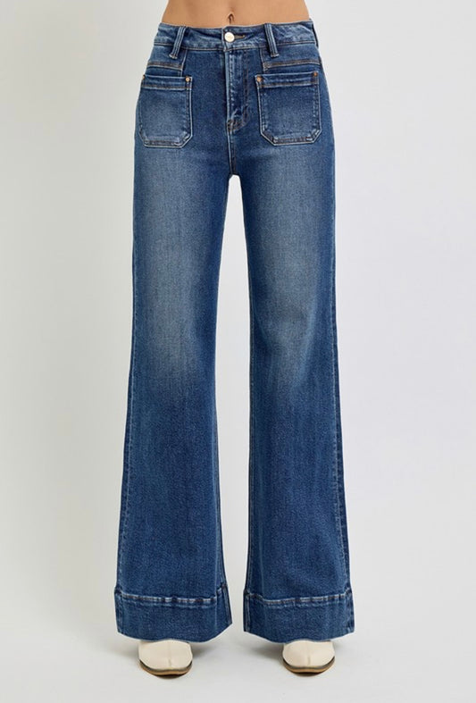 High Rise Wide Flare Patch Pocket