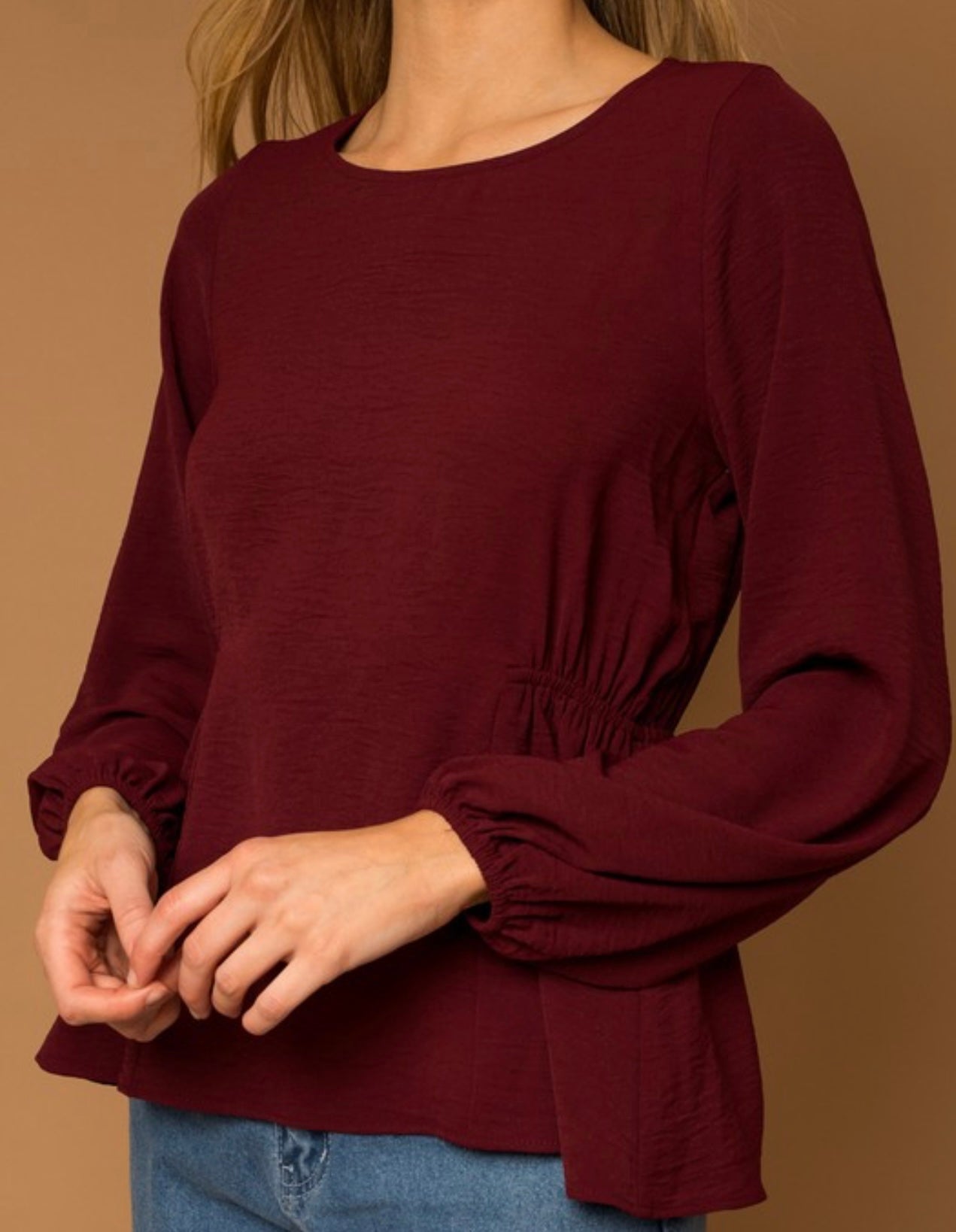 Long sleeve shirring side top