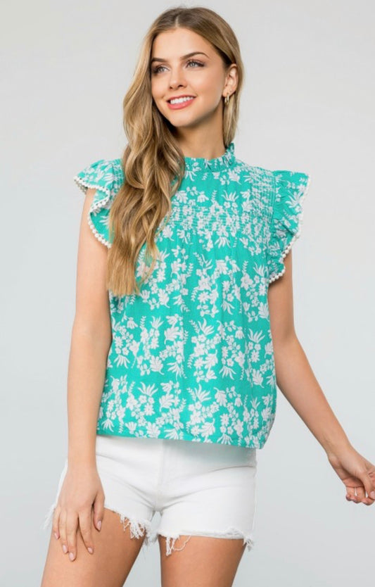 Teal Ruffle Sleeve Top