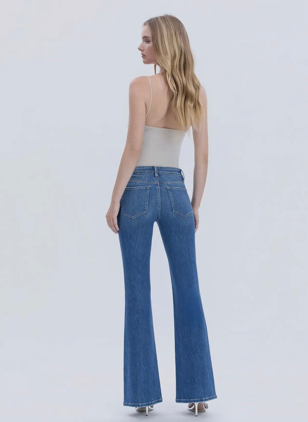 Mid Rise Pin Tuck Flare Jeans