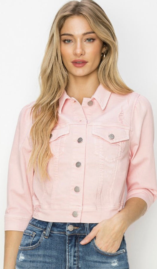 Pink Shirring Crop Jean Jacket