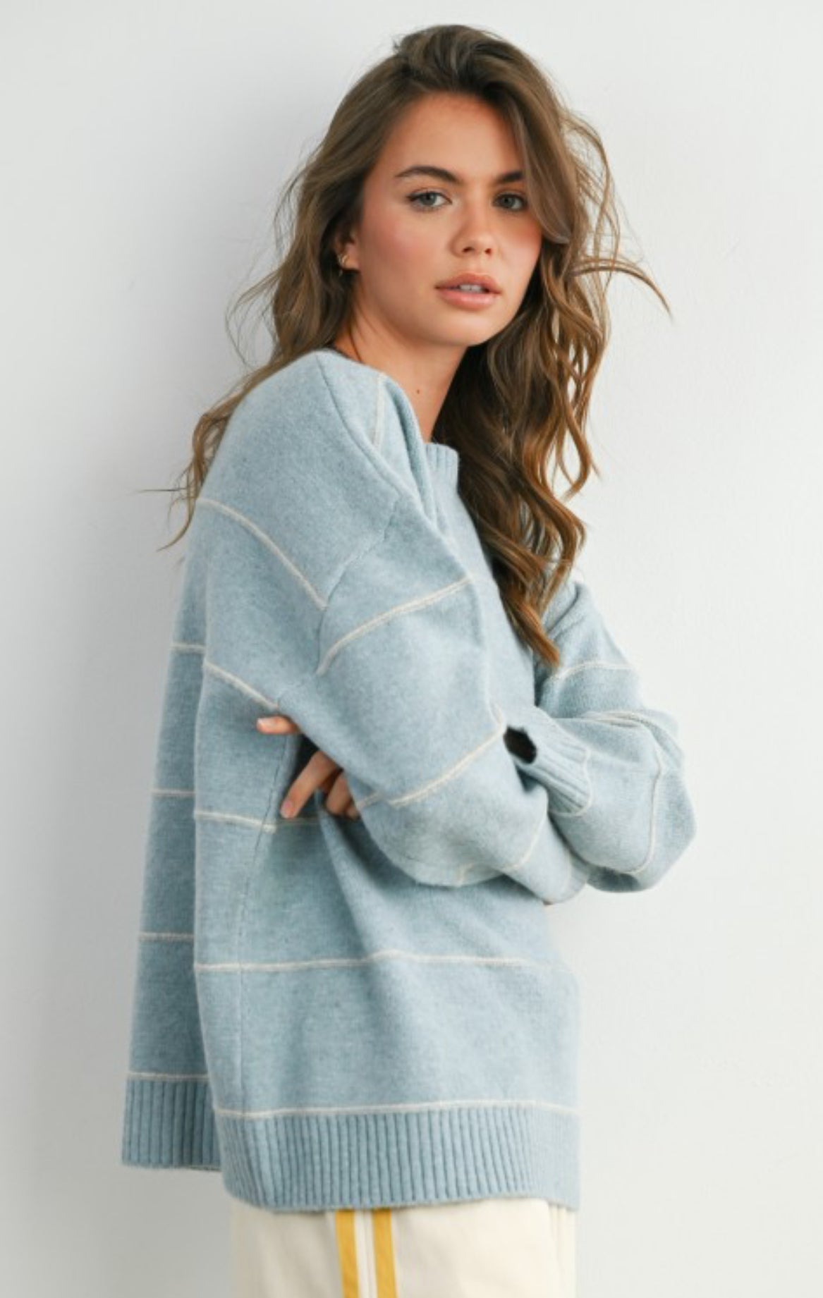 Blue Multi Stripe Drop Shoulder Sweater