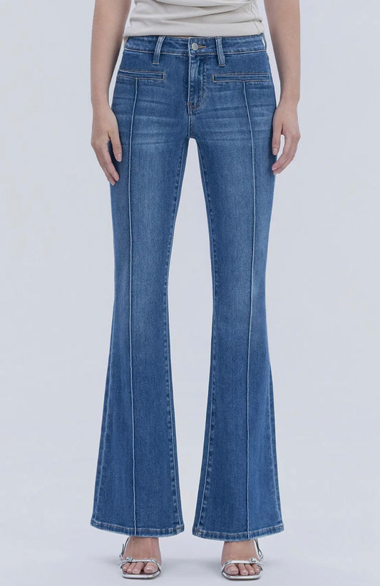 Mid Rise Pin Tuck Flare Jeans