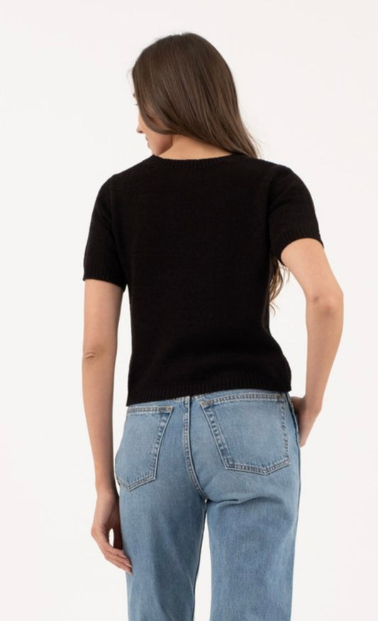 Black Crewneck Short Sleeve Sweater