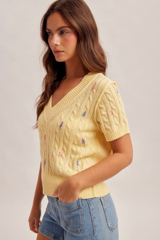 Lemon Floral Embroidered Knit Sweater