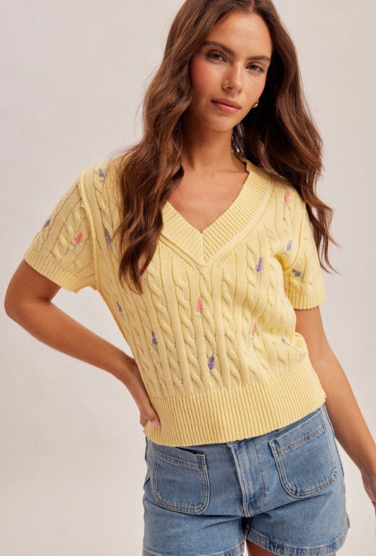 Lemon Floral Embroidered Knit Sweater