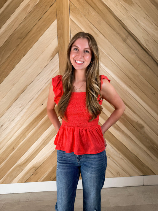 Coral Ruffle Sleeve Top
