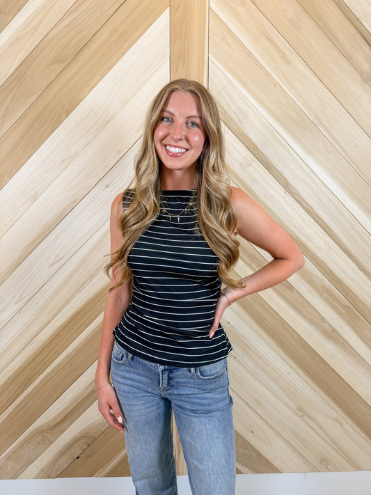 Black/Ivory Striped Tie Back Top