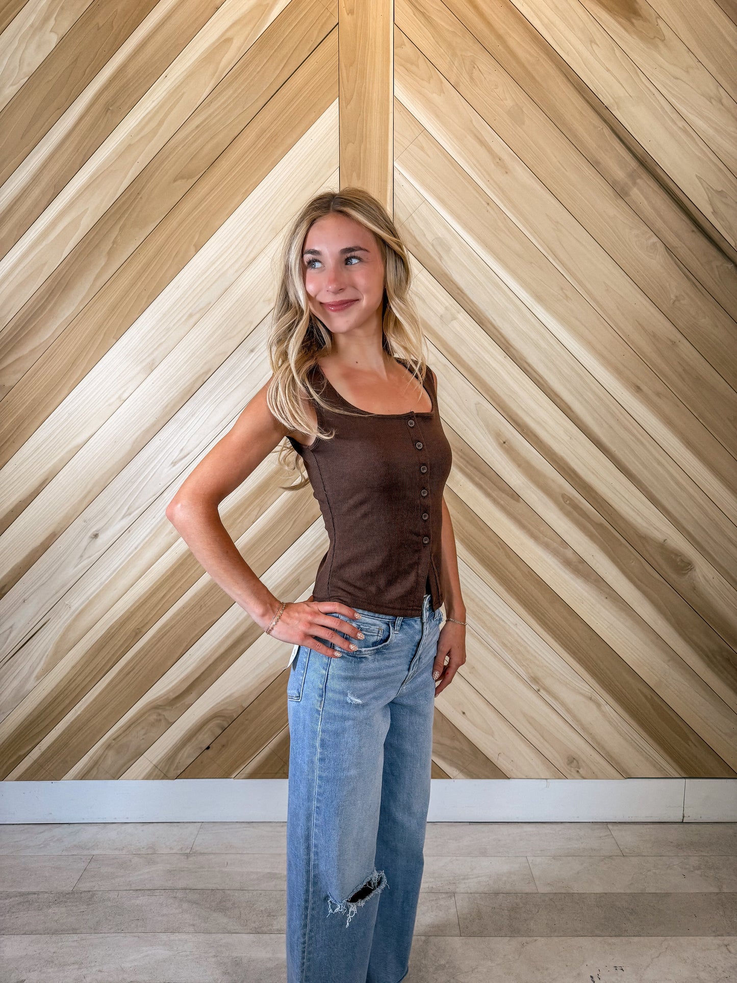 Scoop Neck Button Down Top