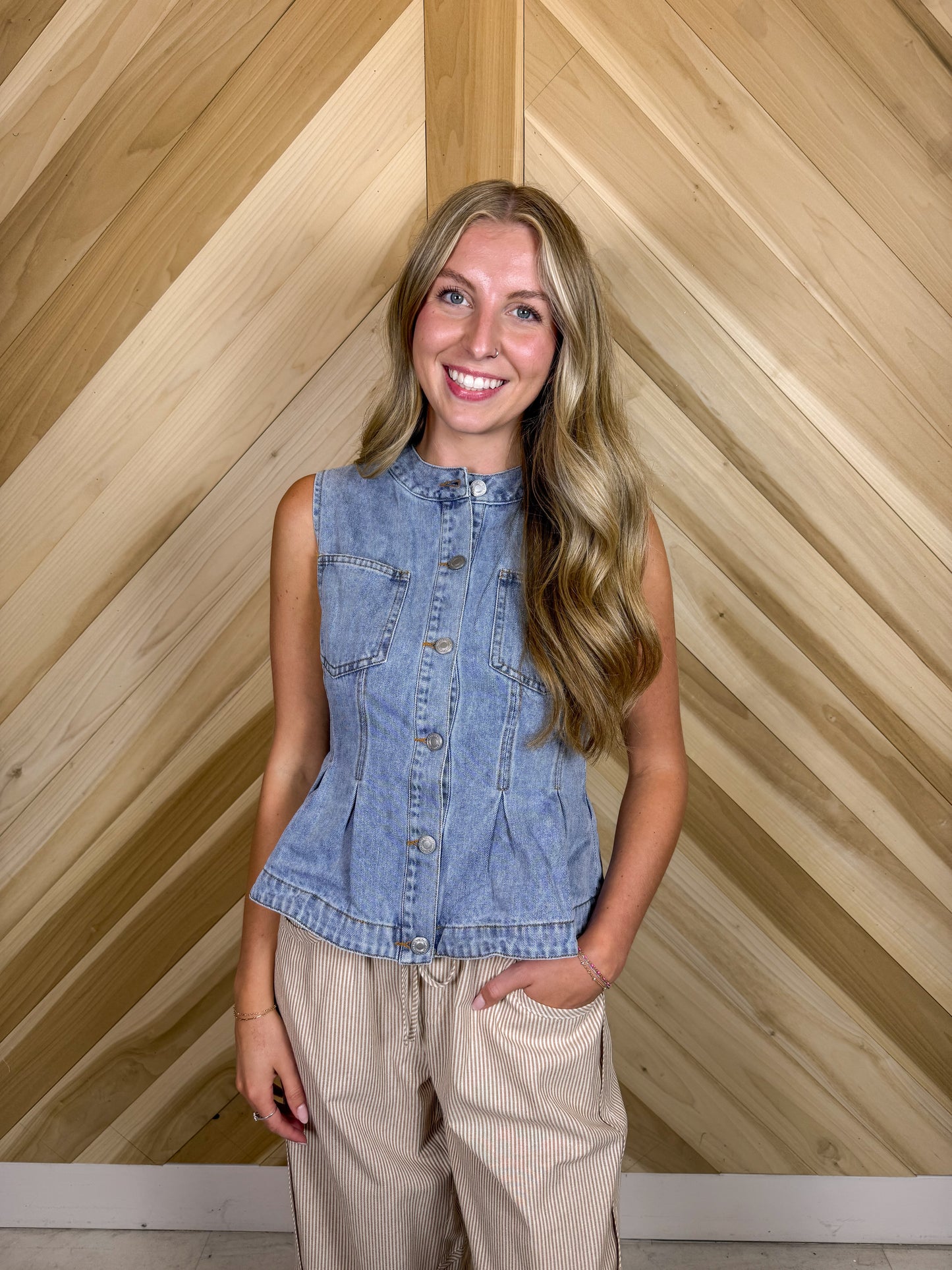 Light Wash Button Up Denim Vest