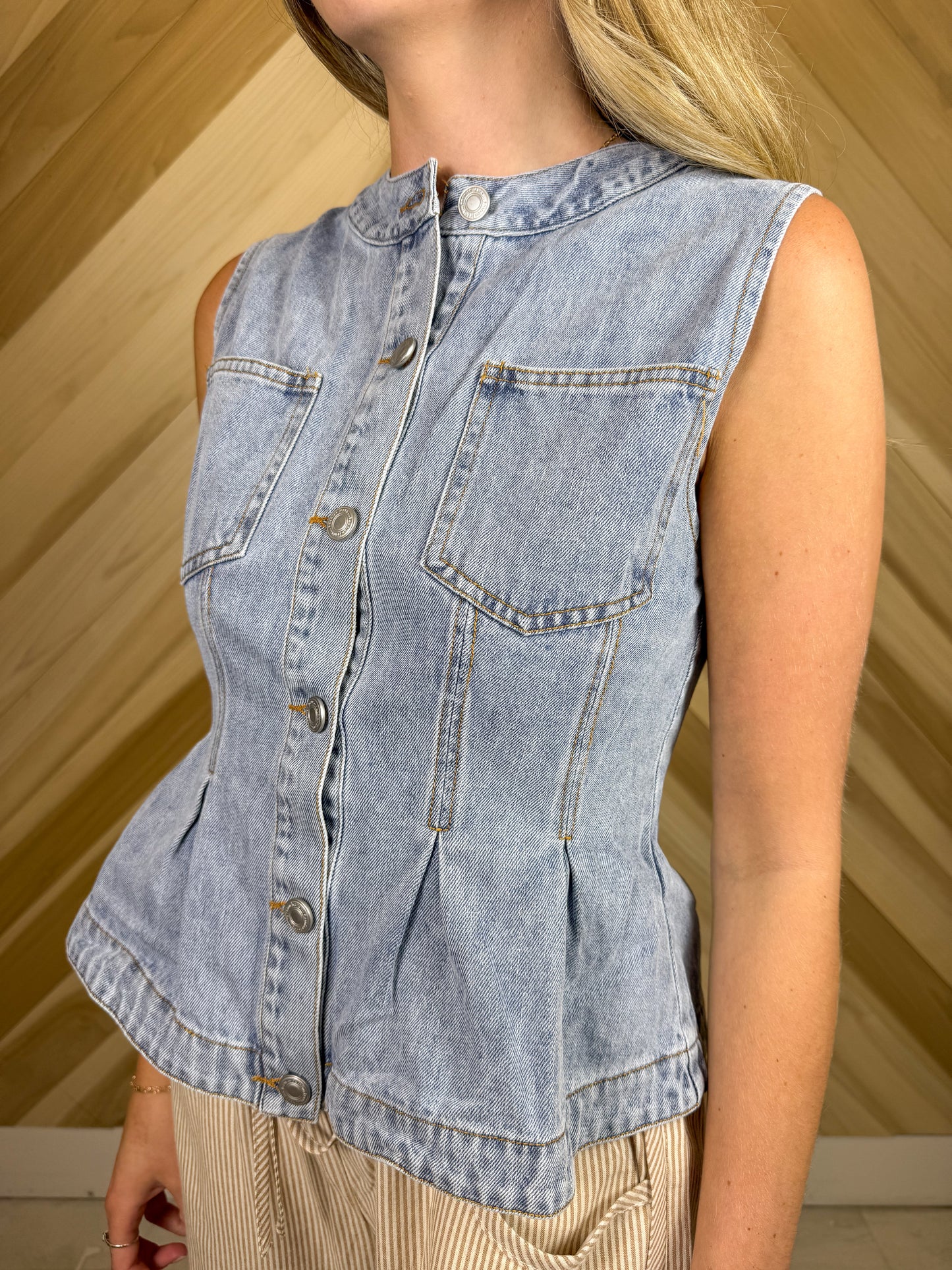 Light Wash Button Up Denim Vest