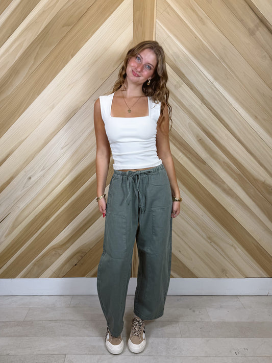 Olive Drawstring Barrel Denim Pants