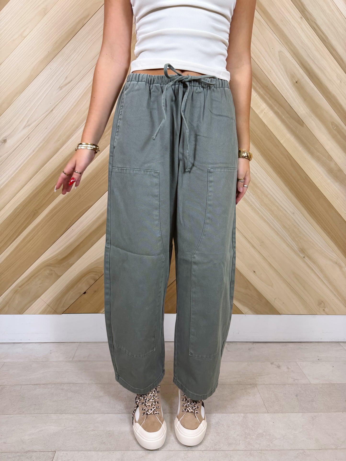 Olive Drawstring Barrel Denim Pants